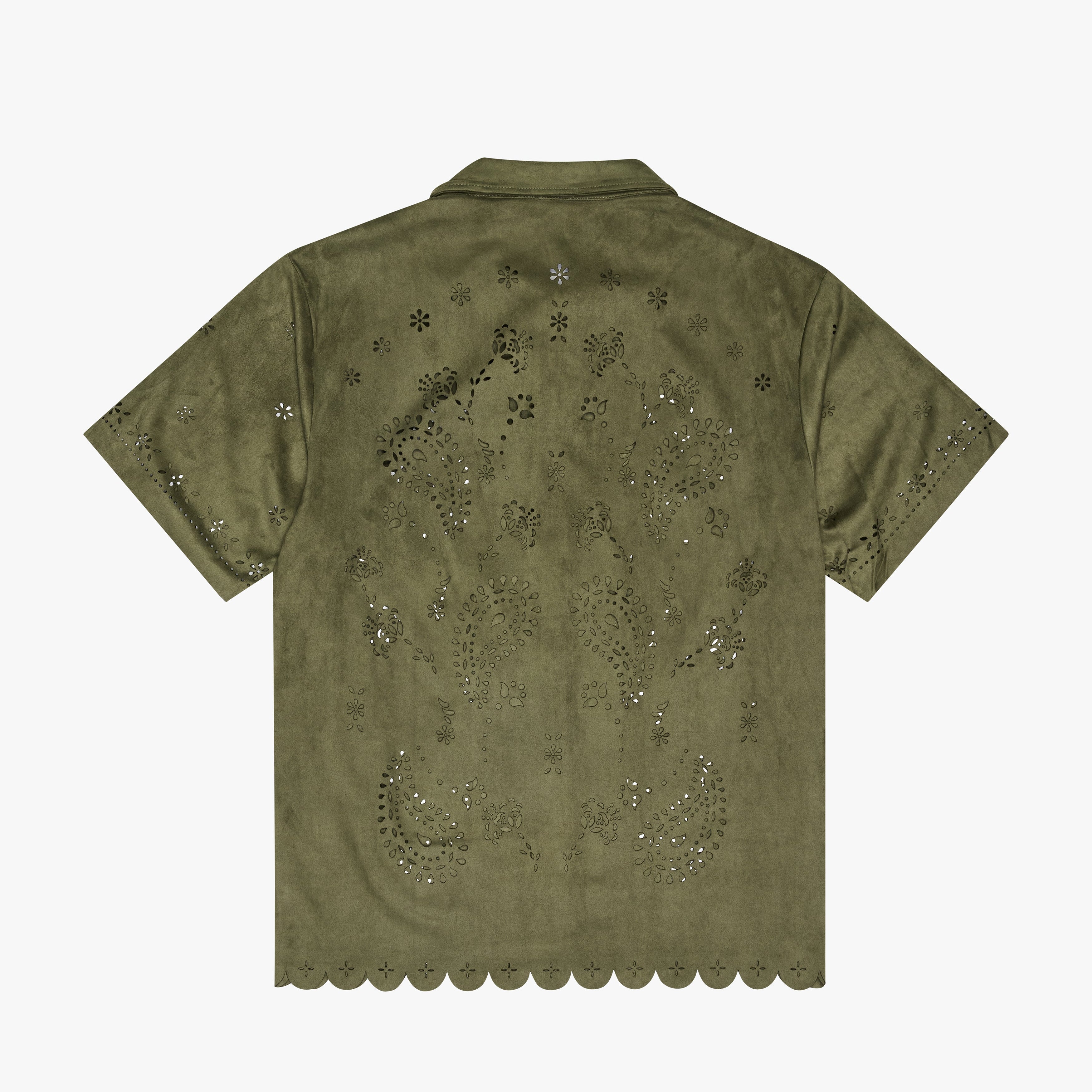 Green shirt with decorative patterns on a white background