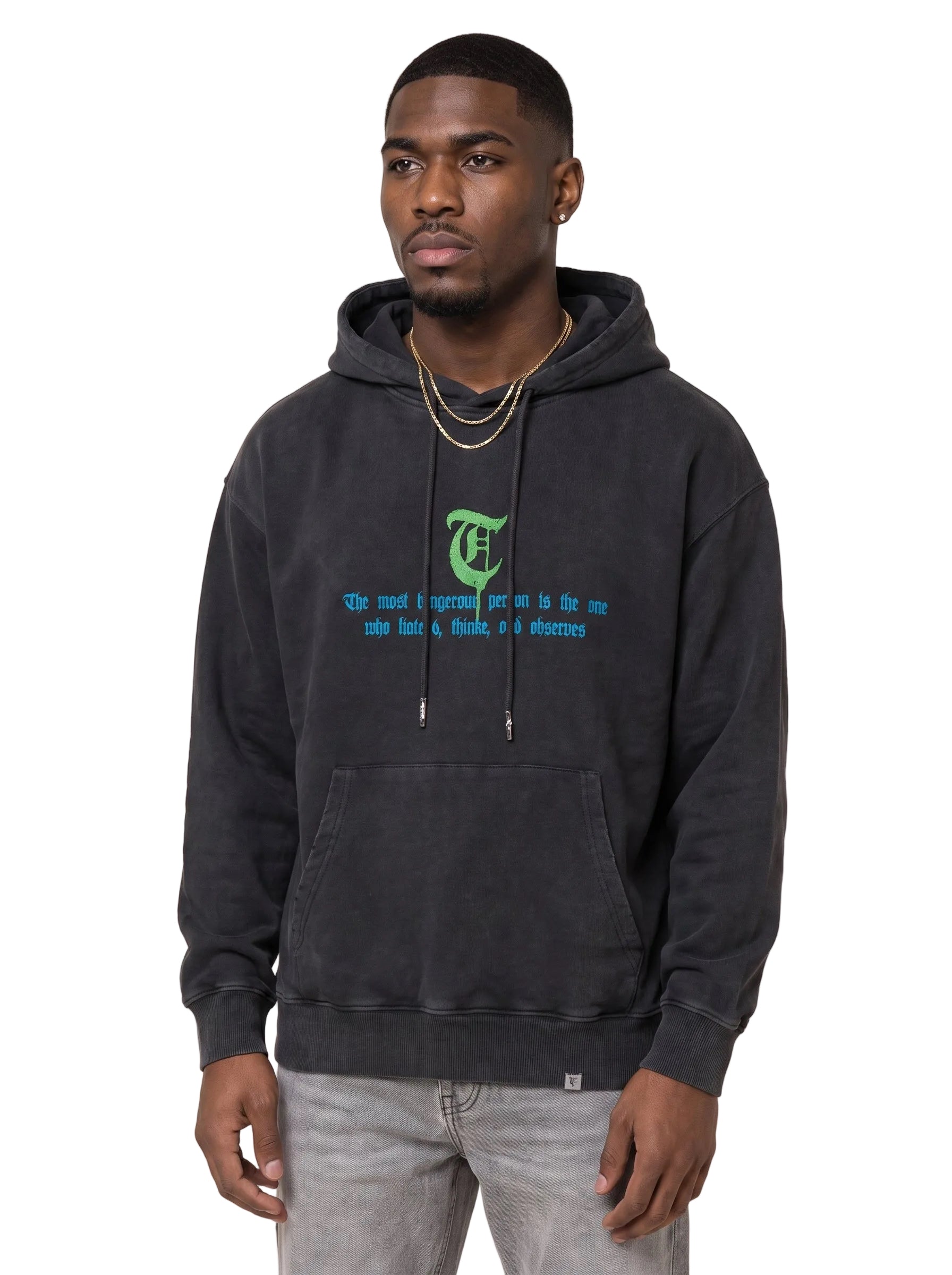 Sweat à capuche noir vintage « OBSERVES » en solde