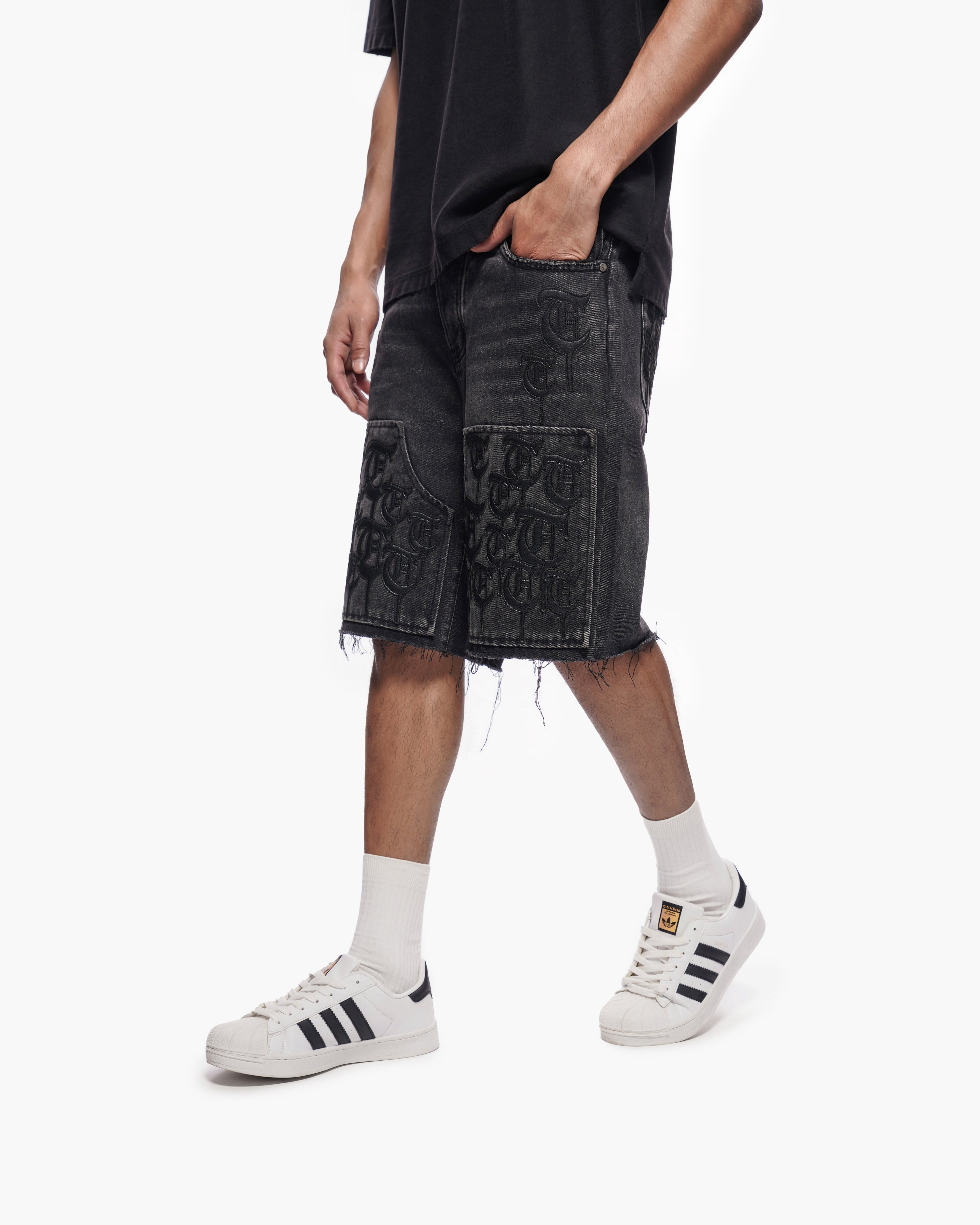 TRNCHS SCRIPT - Black Wash Denim Shorts