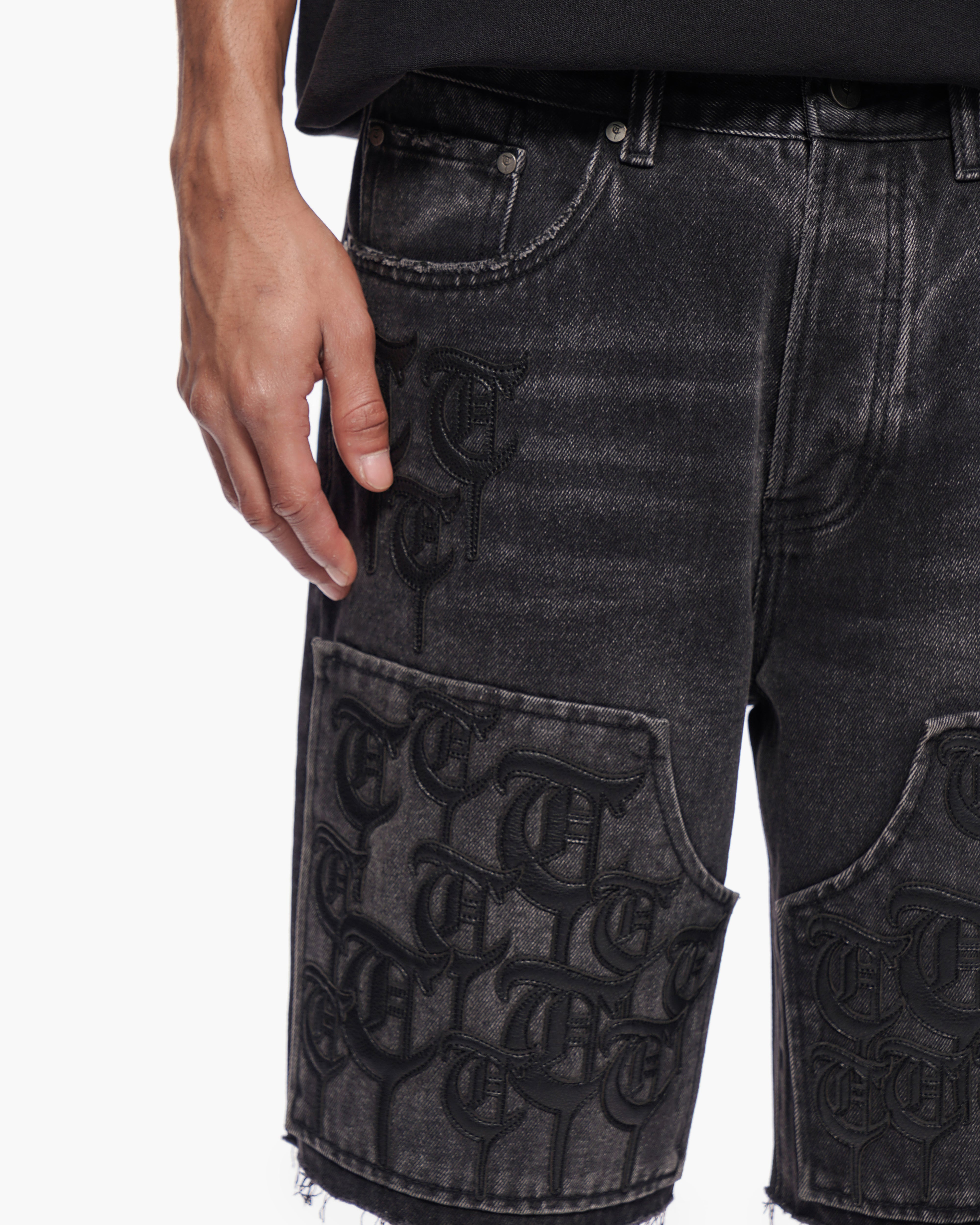 TRNCHS SCRIPT - Black Wash Denim Shorts
