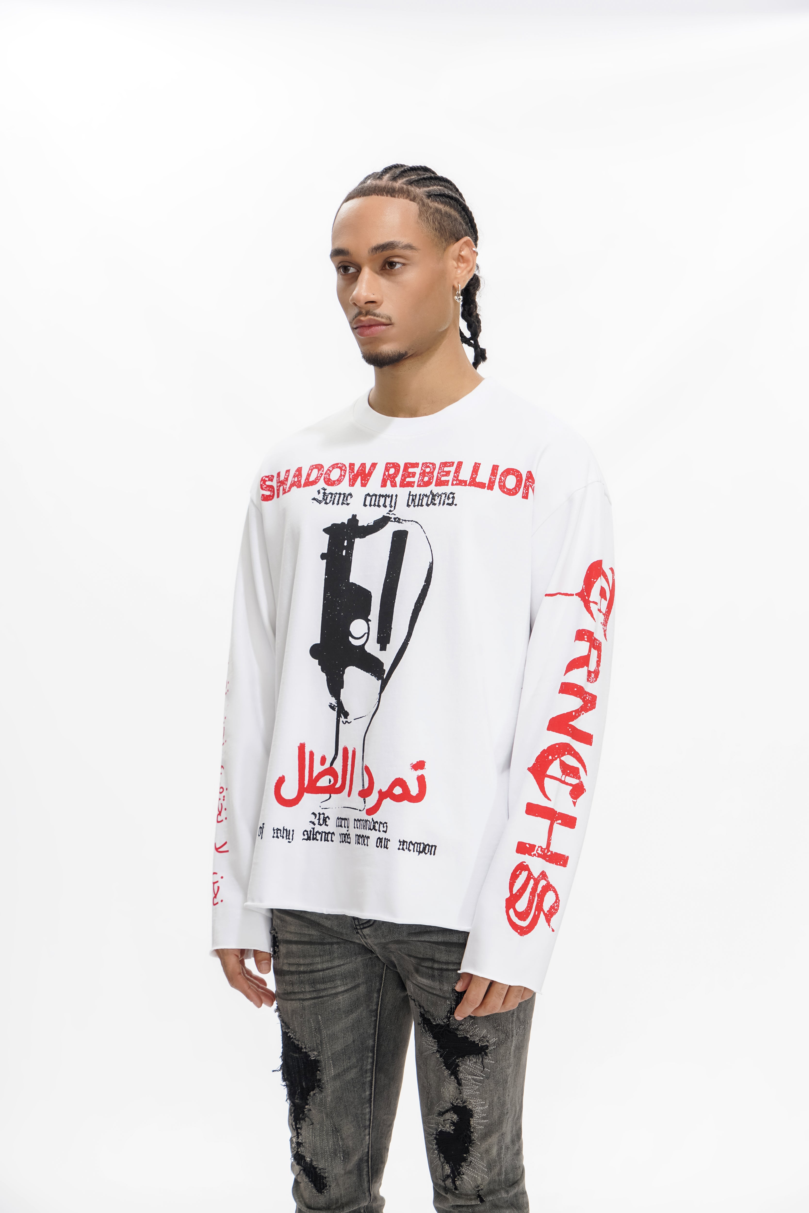 "SHADOW REBELLION" Weißes Langarmshirt