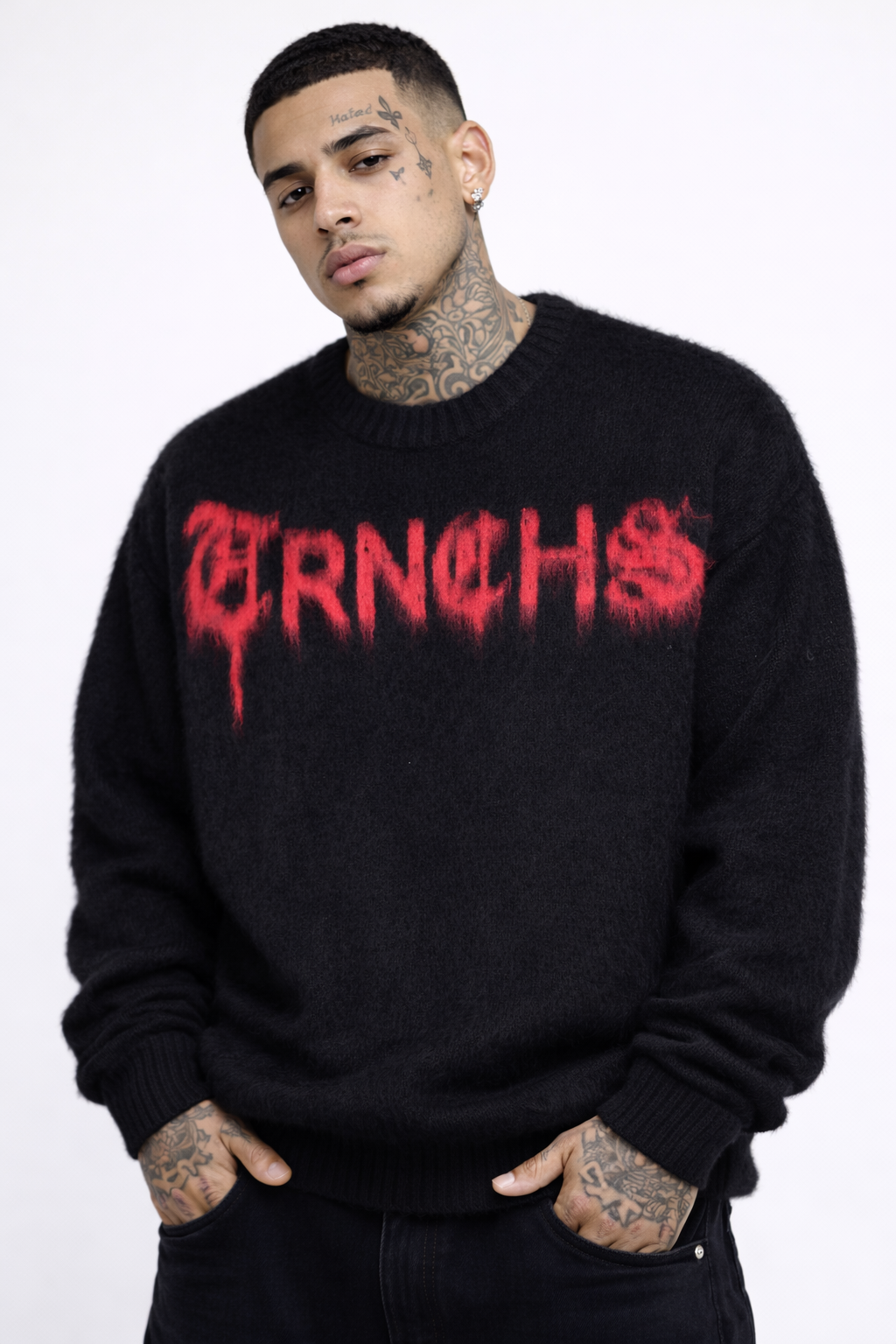 MOHAIRPULLOVER Schwarz / Rot