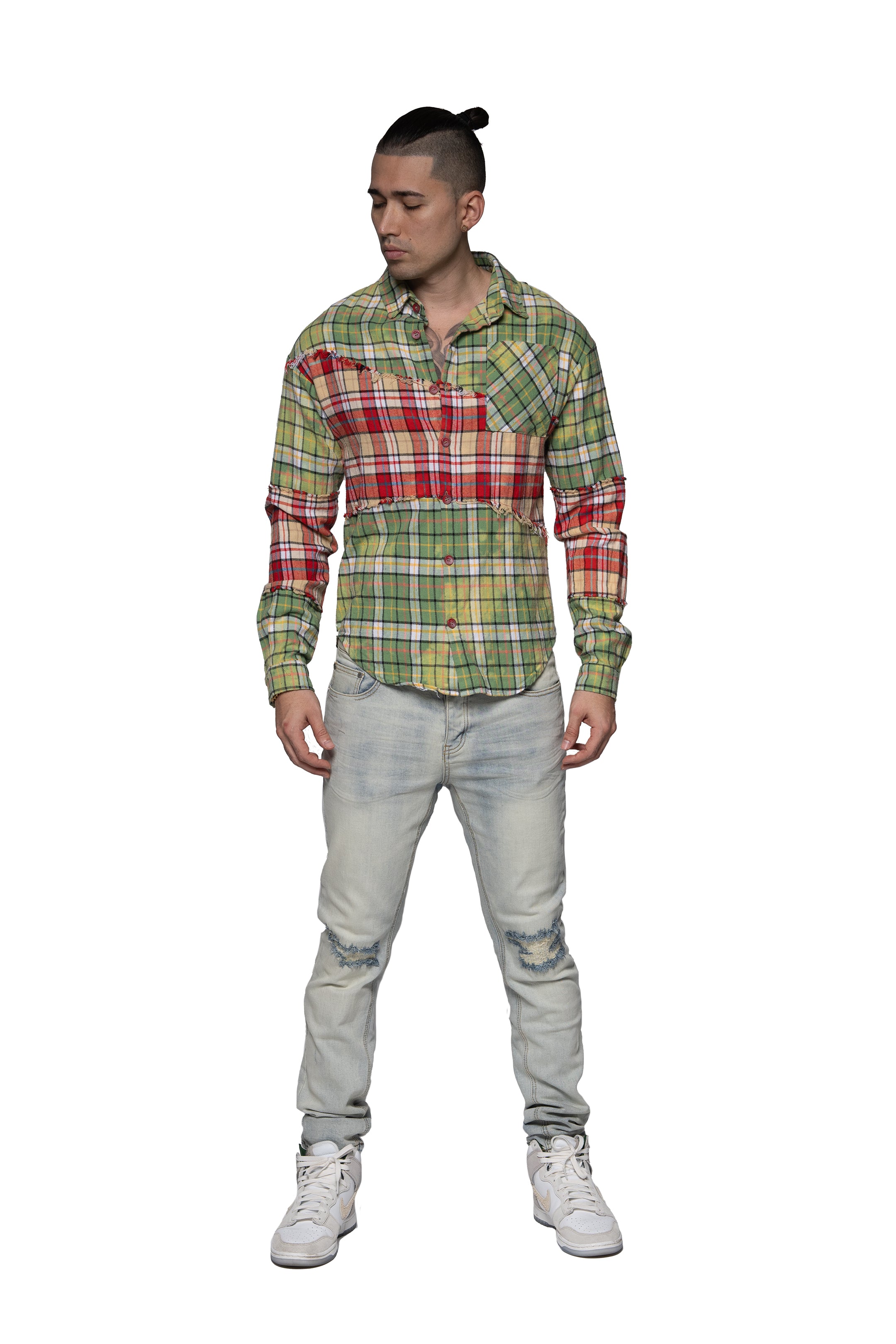 Sale "RIP AND REPAIR WOVEN" Lime/Green and Burgundy Button Up