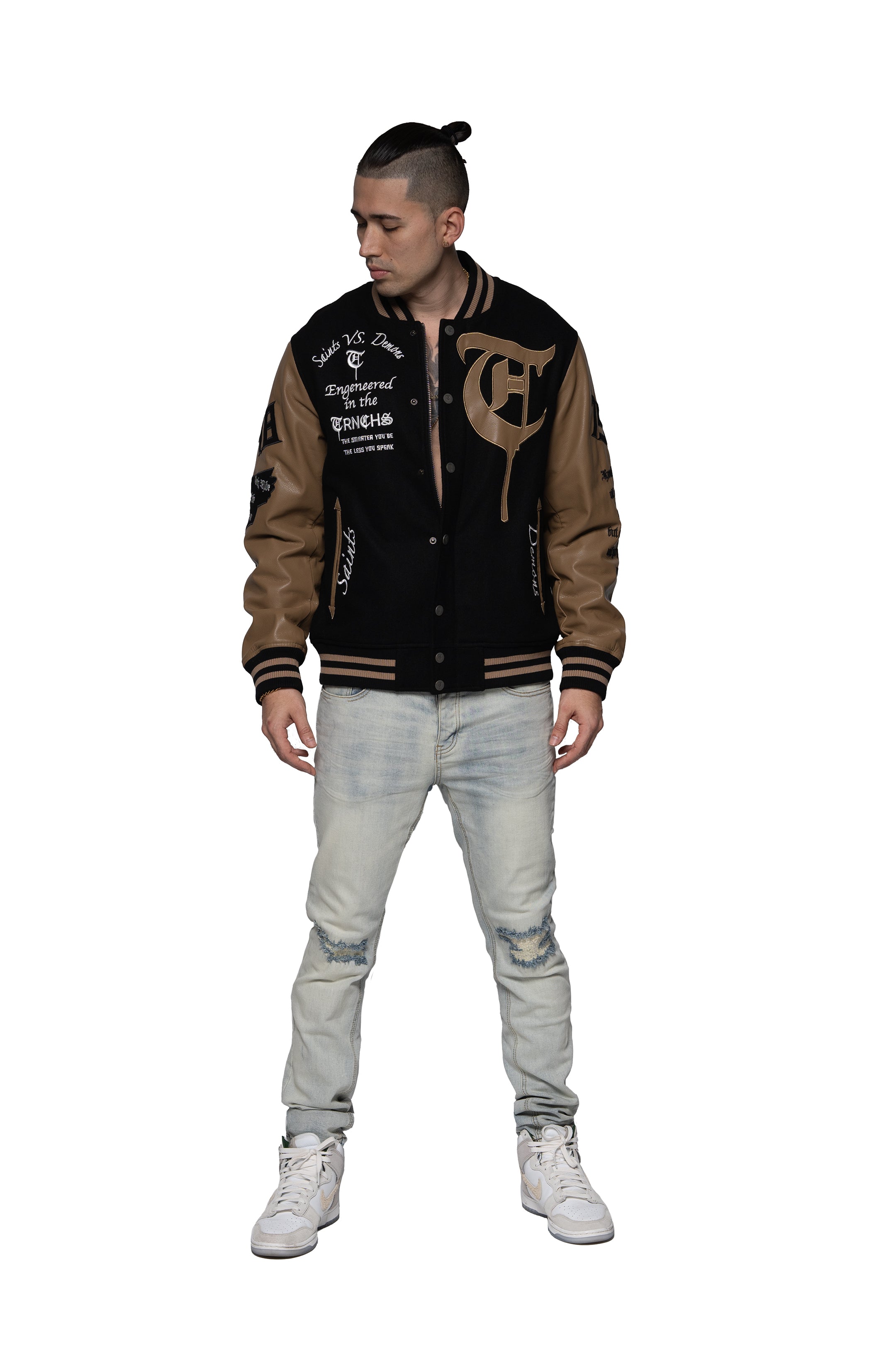 Sale "SAINT VS. DEMONS" Black Mocha Varsity Jacket