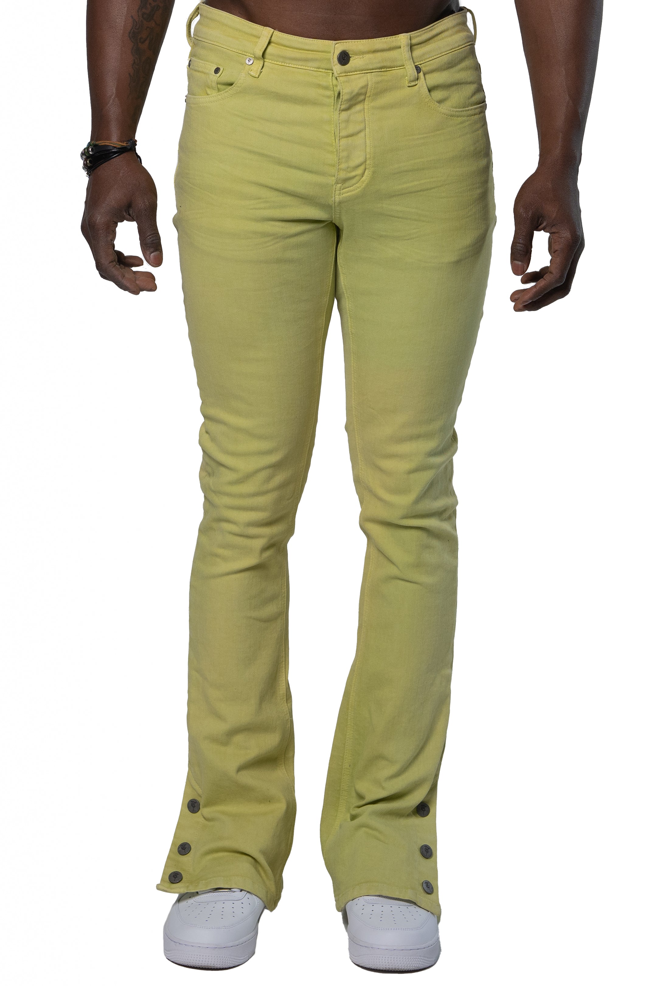 Sale "BUTTON FLY" Green Stacked Jeans