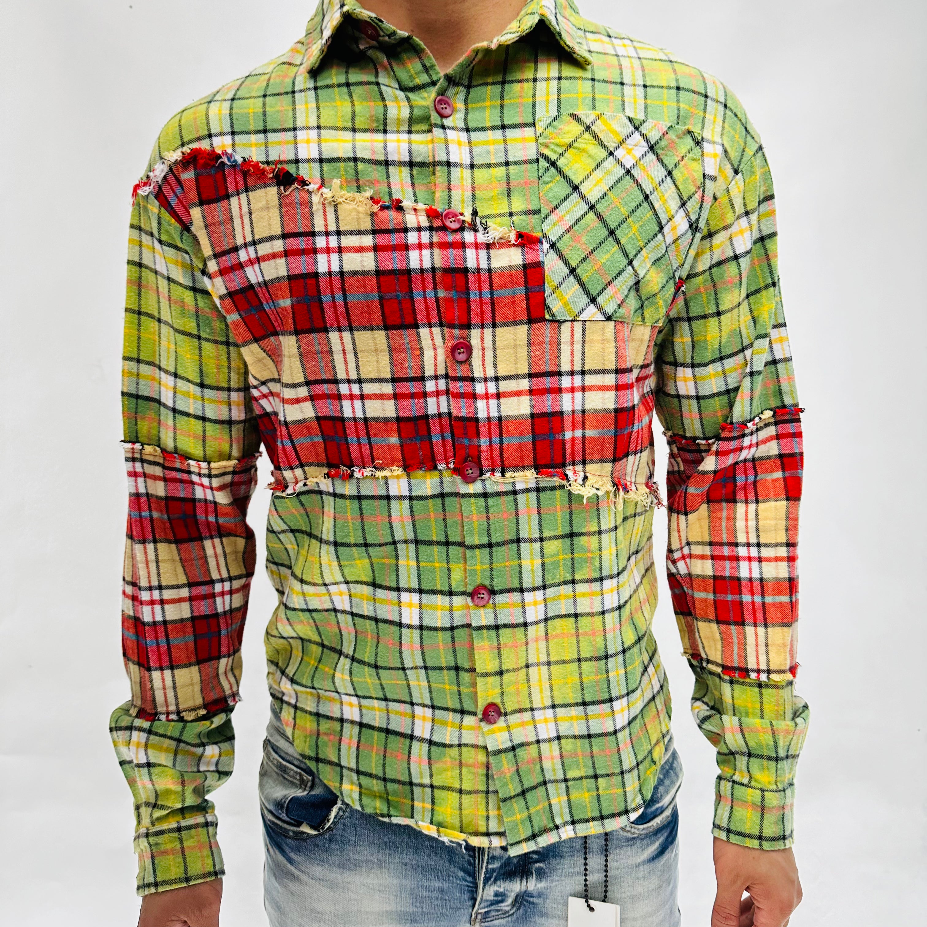 Sale "RIP AND REPAIR WOVEN" Lime/Green and Burgundy Button Up