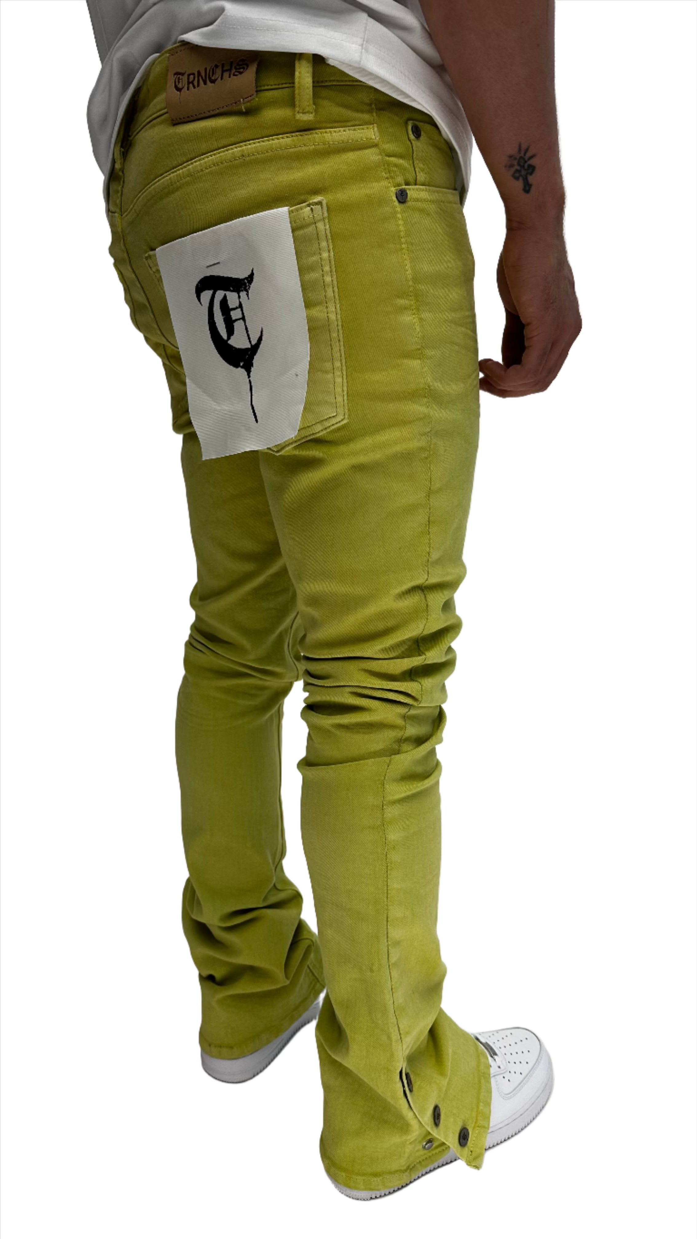 Sale "BUTTON FLY" Green Stacked Jeans