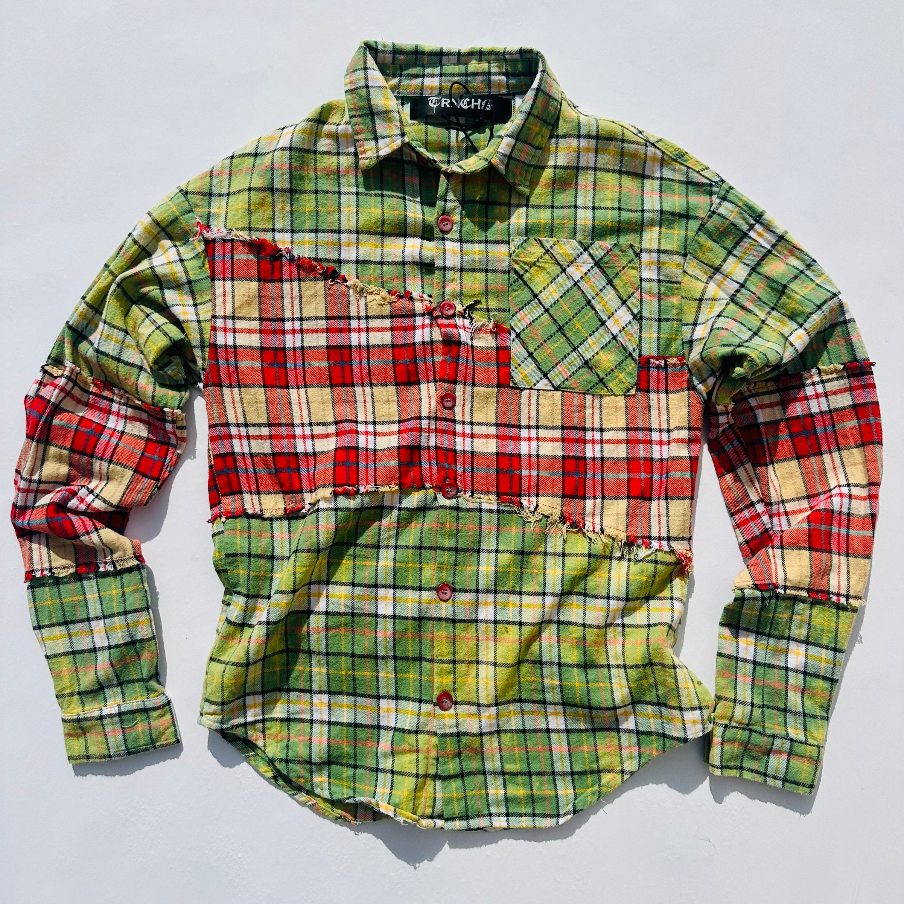 Sale "RIP AND REPAIR WOVEN" Lime/Green and Burgundy Button Up