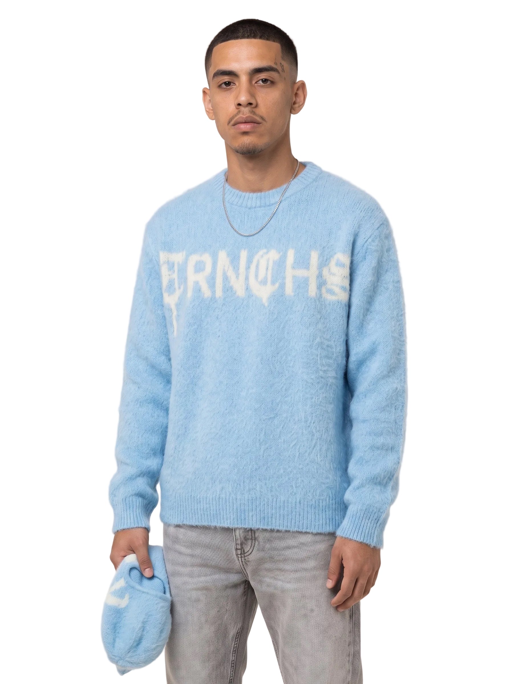 PULL MOHAIR Bleu Bébé / Blanc