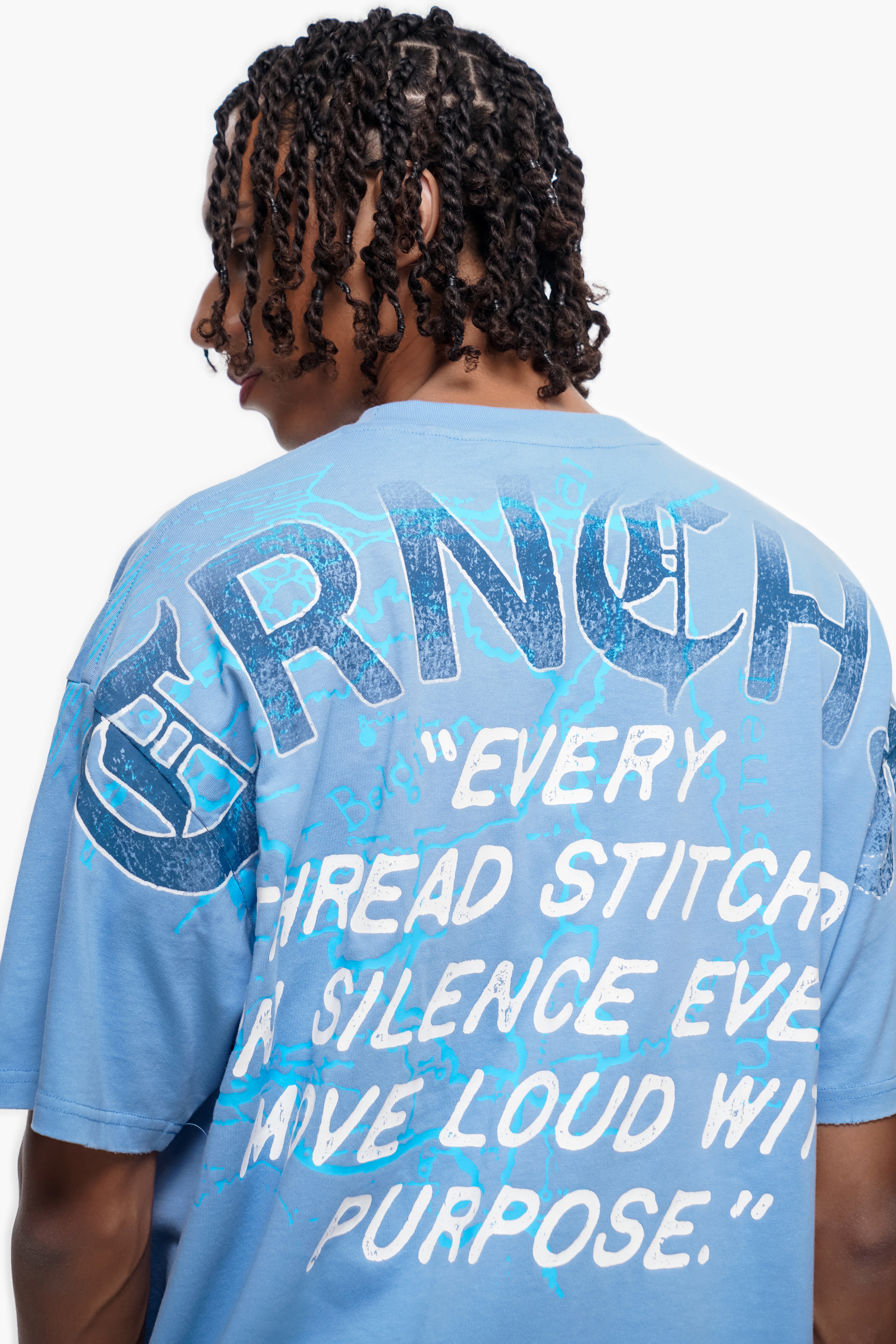 "STITCHED IN SILENCE" Blue Tee