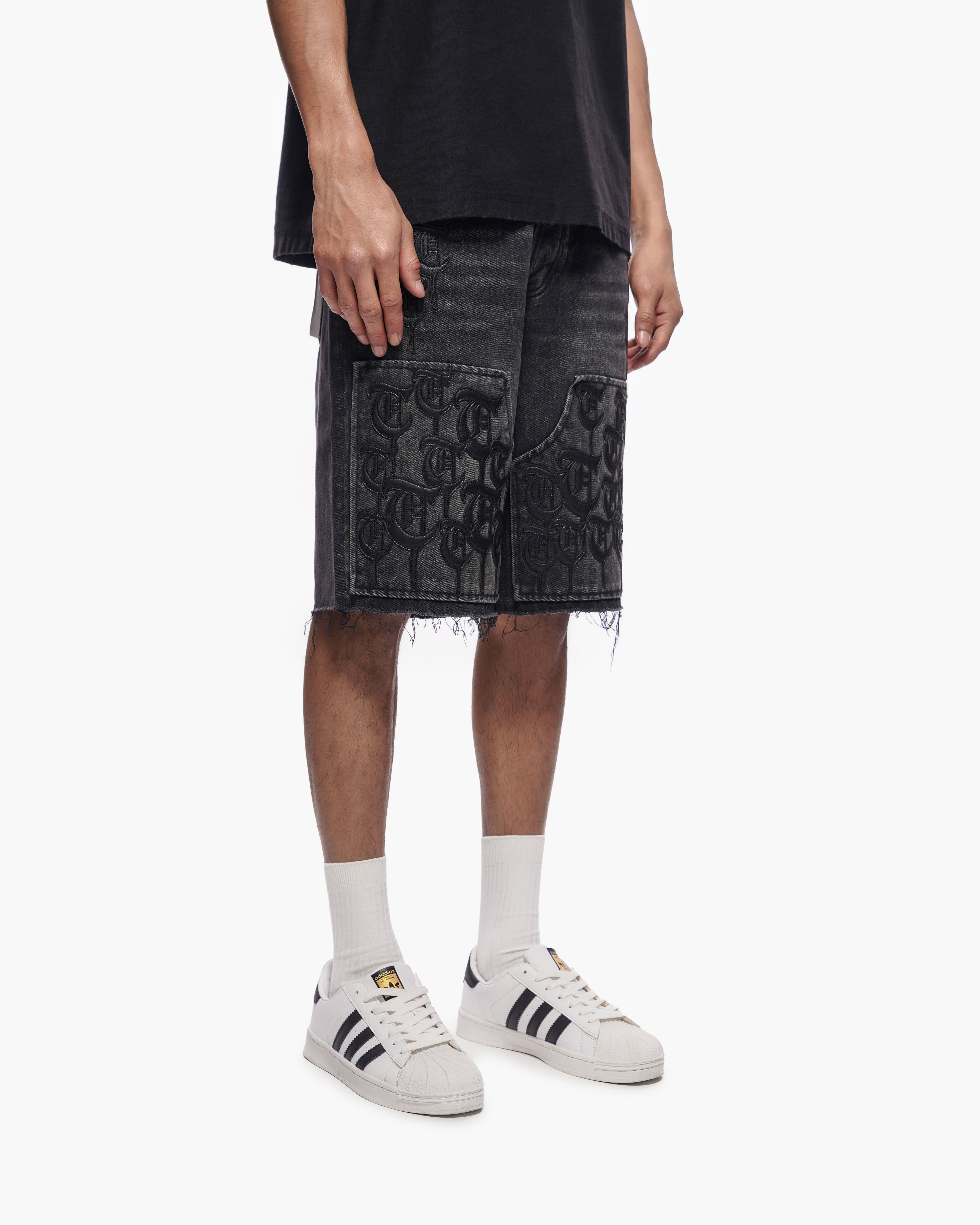 TRNCHS SCRIPT - Black Wash Denim Shorts