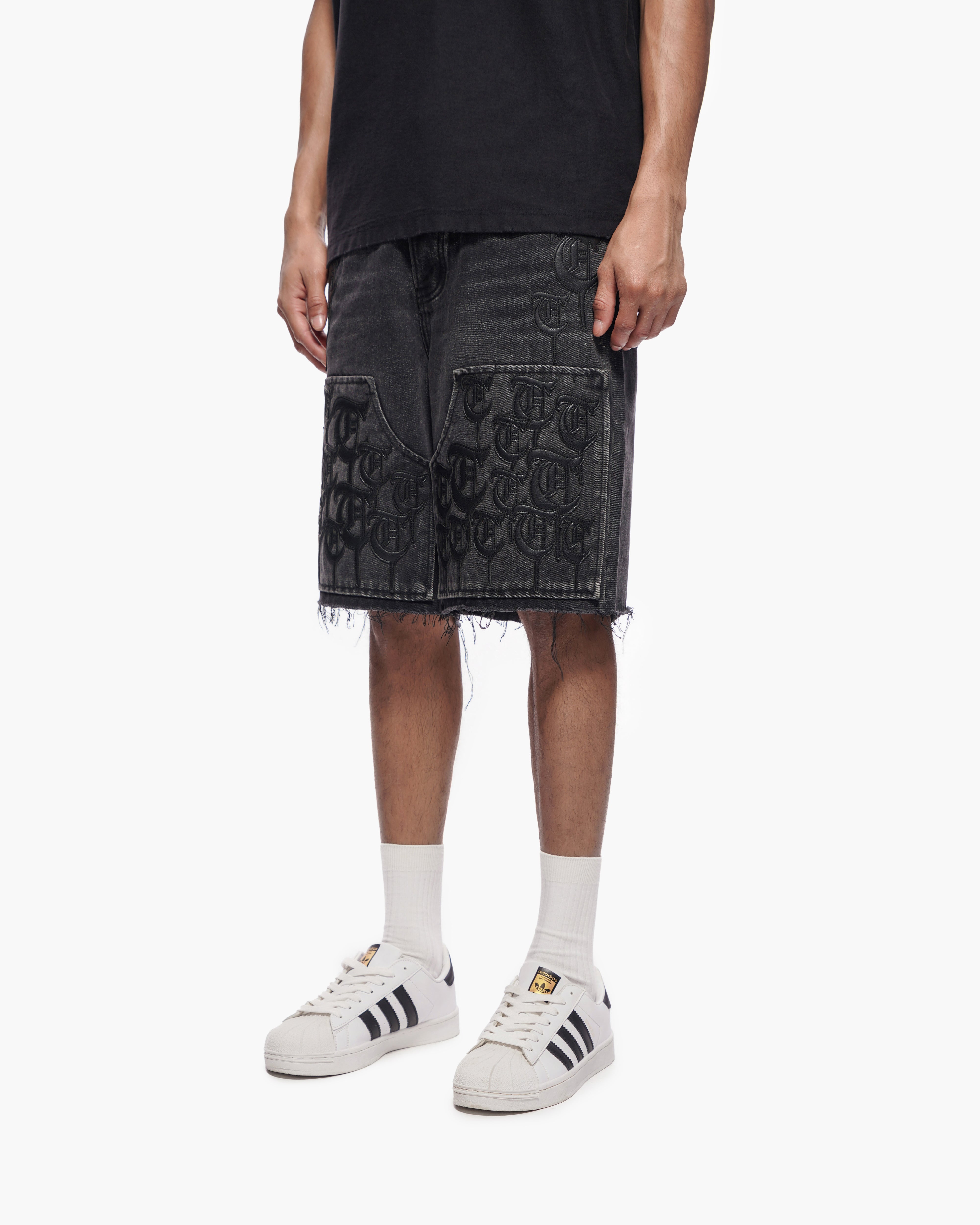 TRNCHS SCRIPT - Black Wash Denim Shorts