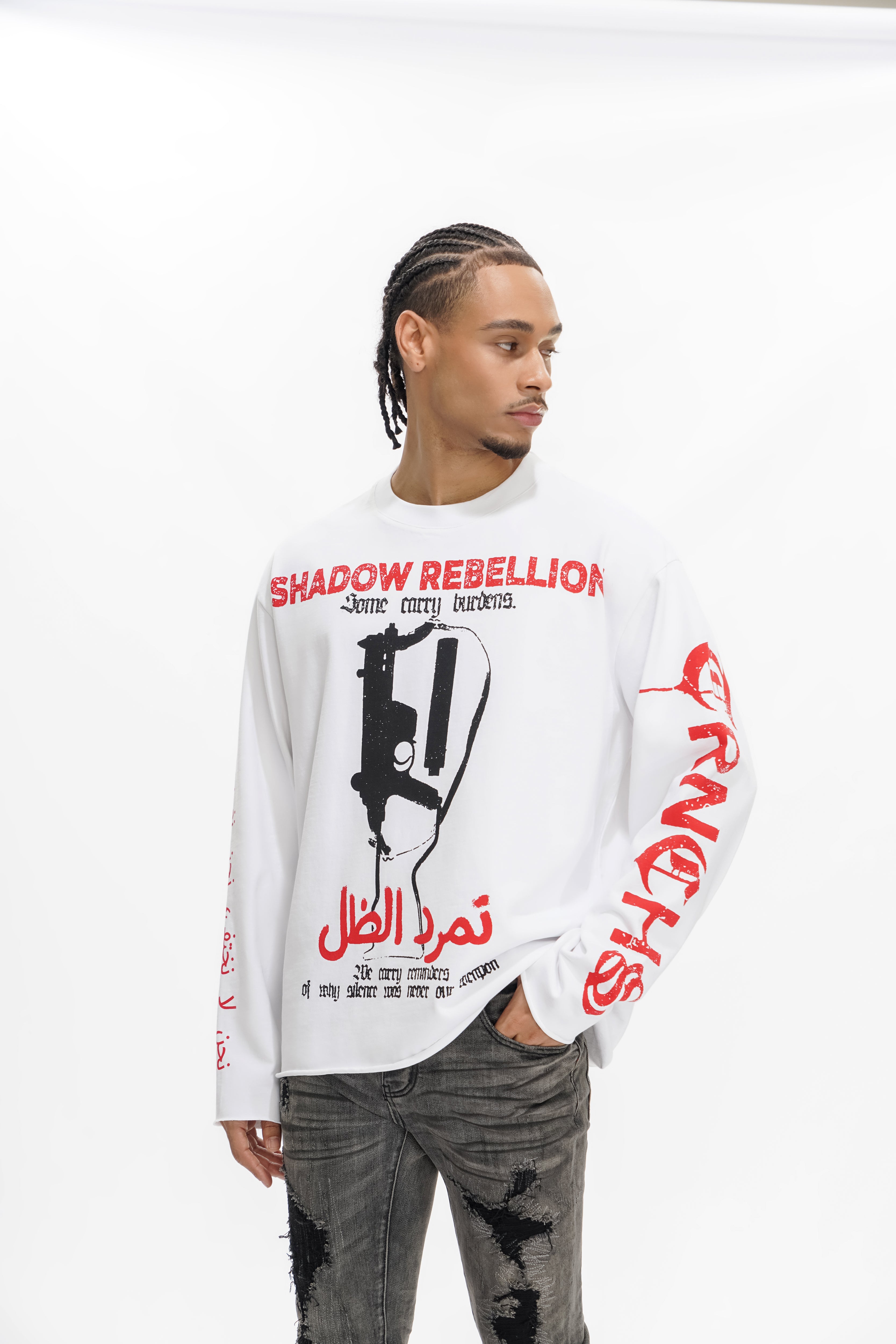 "SHADOW REBELLION" Weißes Langarmshirt